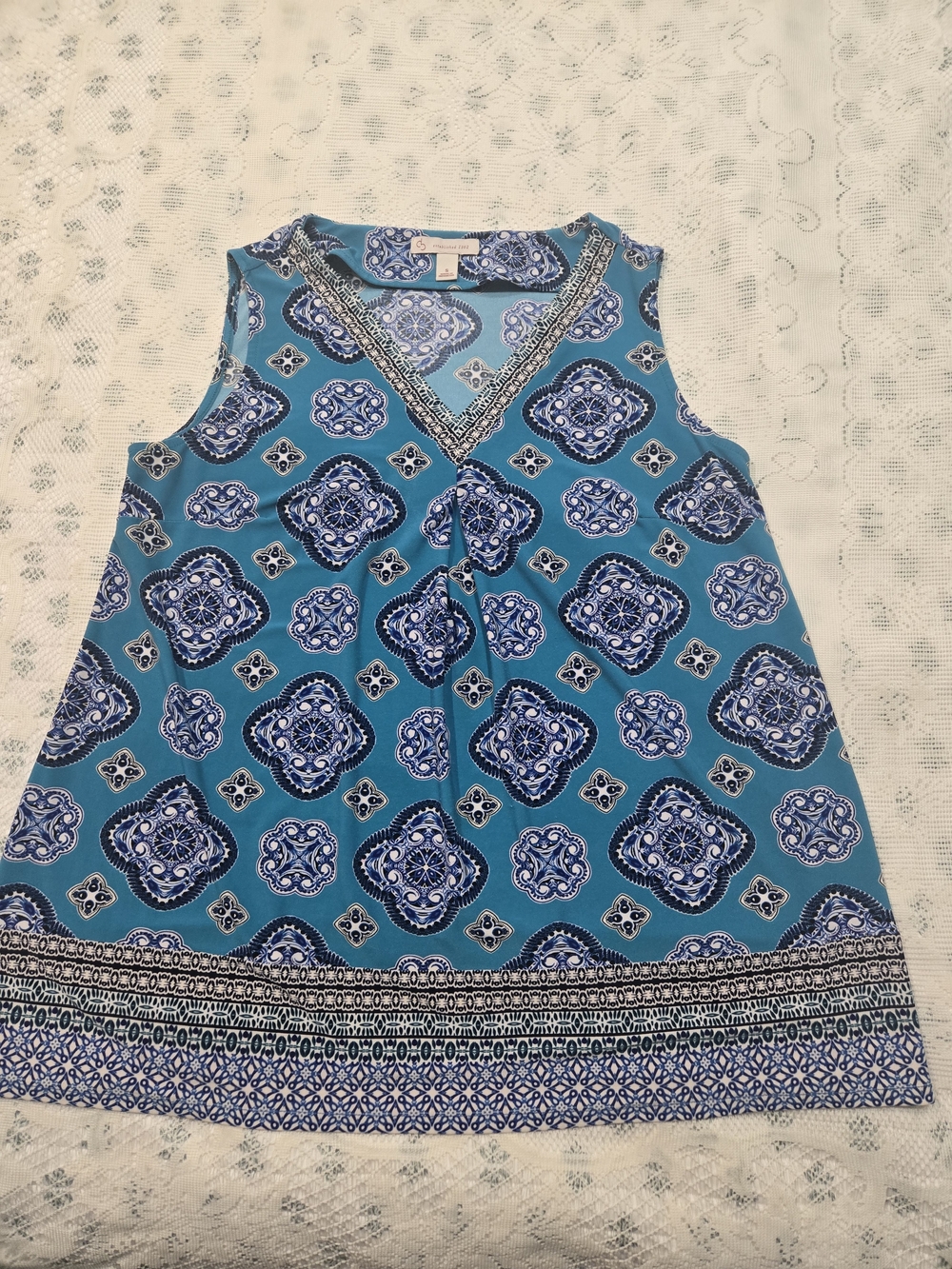 Established 1962 women's sleeveless stretch knit geometric print top size S